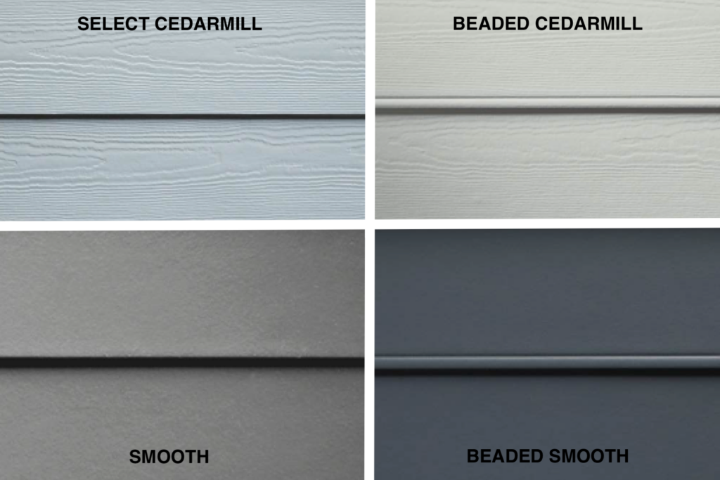 Fiber cement siding options with smooth, wood grain, and beaded